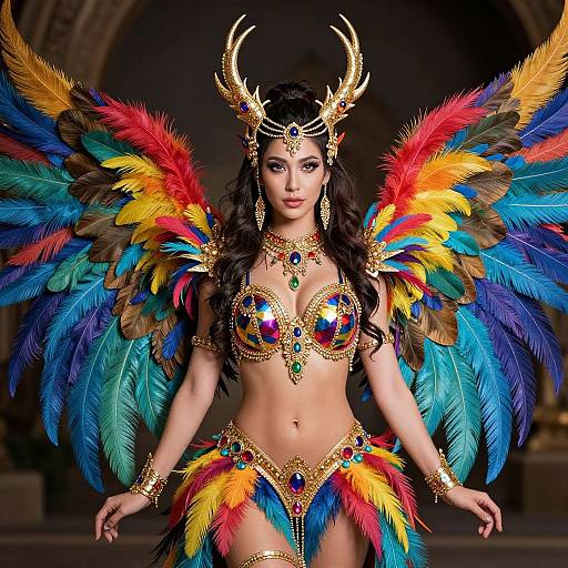 Photograph of a dark-haired woman with golden antler headpiece, colorful feathered wings, and ornate, jewel-embellished, rainbow