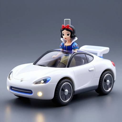 Photorealistic CGI of a LEGO Snow White doll driving a white sports car with a blue halo above her head.