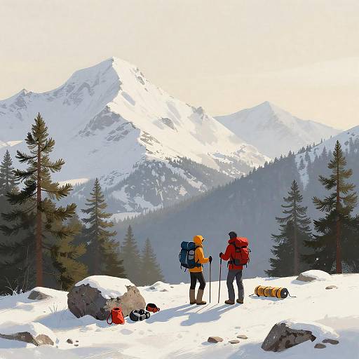Adventurers in a Snowy Mountain Landscape
