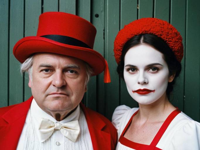 Portrait of Two People in Red and White Fancy Dress with Face Swap
