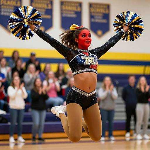 Photograph of a vibrant red-faced, brown-skinned female cheerleader with a yellow bow, jumping mid-air, holding blue and gold pom-poms