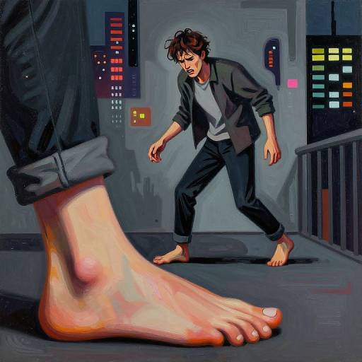 Digital painting: Scared man with tousled brown hair in black jacket and barefoot, approaches large bare foot in foreground on a futuristic, dimly