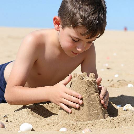 Photograph of a young, shirtless boy with short brown hair building a sandcastle on a sunny beach with blue sky background.