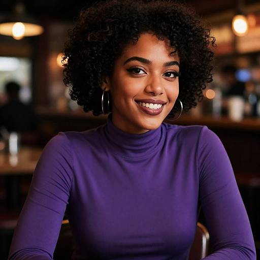 Smiling Woman in Purple Turtleneck at Bar