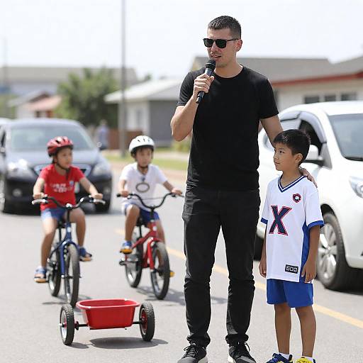 Man Speaking Beside Boy With Bicycles in Background
