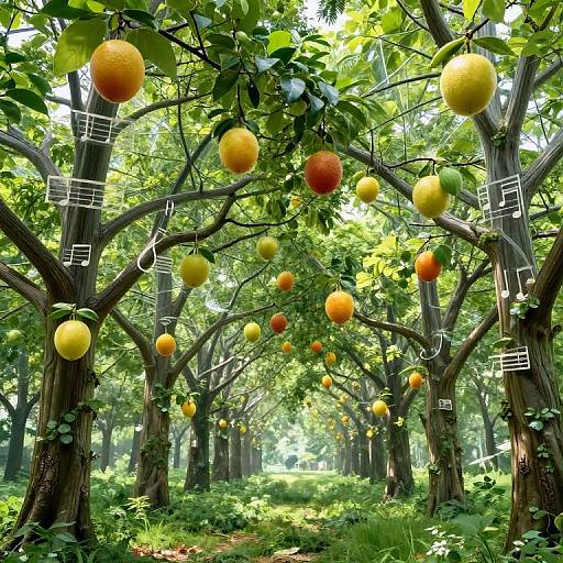 Photograph of a sunlit orange tree orchard with vibrant yellow and orange fruits hanging from branches, surrounded by lush green foliage and dappled sunlight