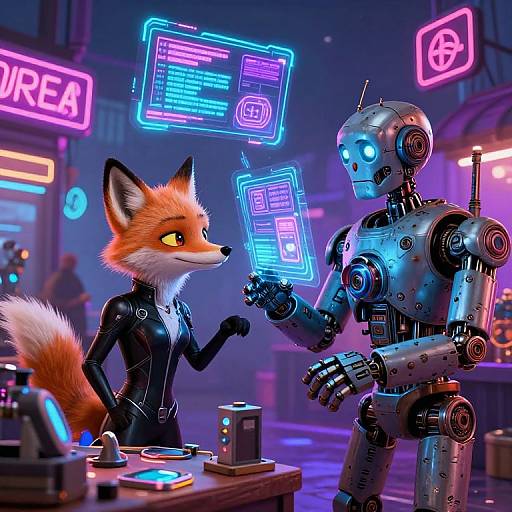 Neon-lit cyber scene: anthropomorphic fox in black leather suit converses with futuristic robot, both holding glowing holographic screens, neon 