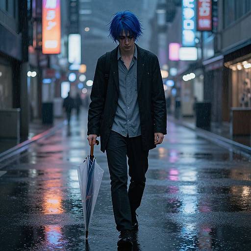 Blue-Haired Man Walking in Rainy Neon City Street