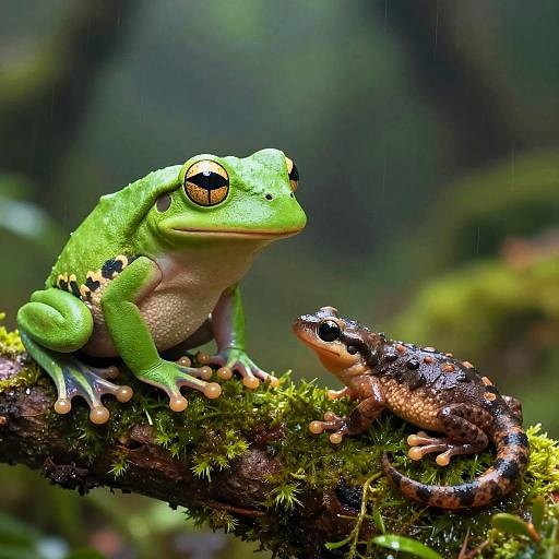 3D Animated Green Tree Frog and Brown Salamander on Mossy Branch