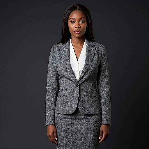 Photograph of a confident Black woman with long straight hair, wearing a grey houndstooth suit with a white blouse, standing against a dark background