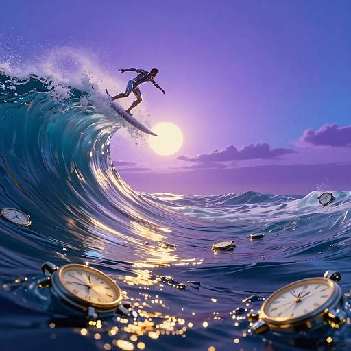 Digital artwork of a surfer riding a massive, sunlit wave during a purple-blue sunset, with clock faces floating in the foreground.