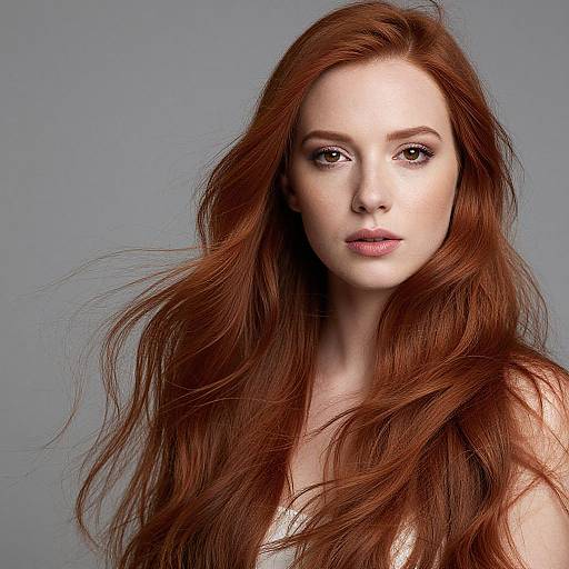 Photograph of a fair-skinned, red-haired woman with long, flowing hair, light makeup, and a neutral expression against a gray background.