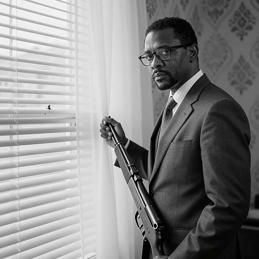 Serious Black Man Holding Rifle by Window