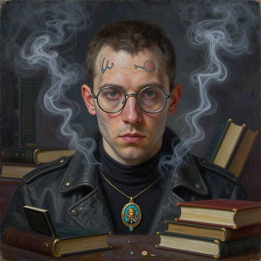 Digital painting of a bespectacled man with tattoos, smoke swirling around, wearing a leather jacket, black turtleneck, and blue pendant,