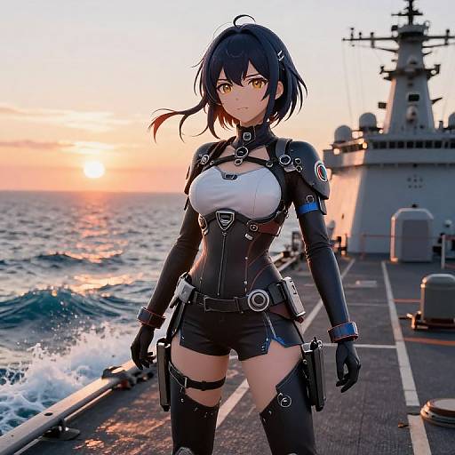 Digital anime-style artwork of a determined, dark-haired woman in a black and white military-style outfit on a naval ship at sunset, with ocean waves in