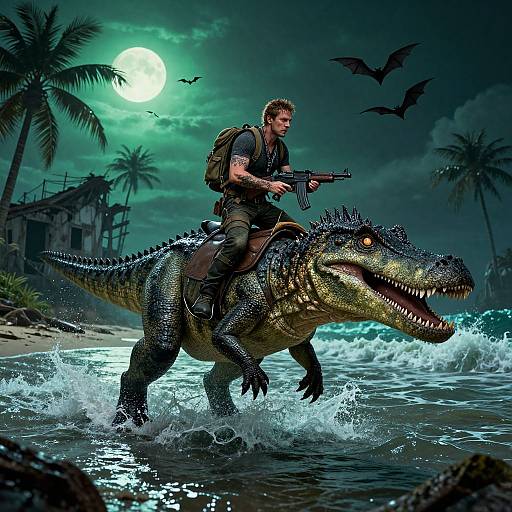 Digital artwork of a muscular man in tactical gear riding a large, aggressive, green-scaled dinosaur through a moonlit, tropical beach with palm trees,