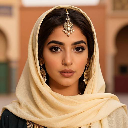 Photograph of a young South Asian woman with dark hair, wearing a cream headscarf, ornate jewelry, and traditional attire, with a blurred