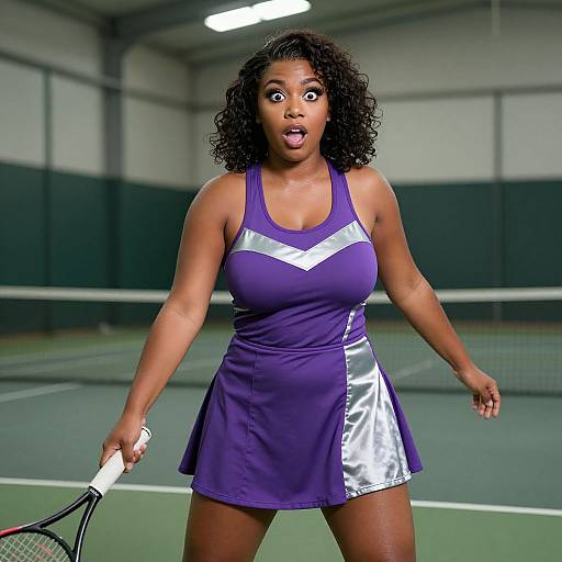 Photograph of a surprised African-American woman with curly hair, wearing a purple and silver tennis dress, holding a tennis racket, on an indoor tennis court