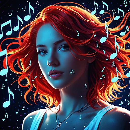 Anime-Style Woman with Red Hair and Music Notes
