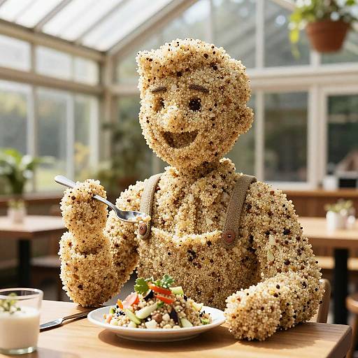 Photograph of a teddy bear sculpture made from beige textured cereal, wearing brown suspenders, eating a colorful salad in a sunlit greenhouse café.