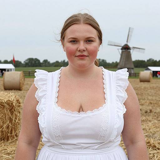 Photograph of a fair-skinned, plus-size woman with brown hair in a white lace-trimmed wedding dress, standing in a hayfield with