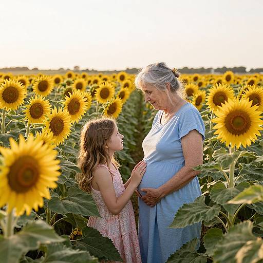 Photograph of a pregnant elderly woman in a blue dress, standing in a sunflower field, gazing lovingly at a young girl in a pink