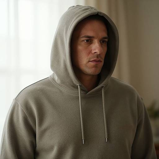 Photograph of a serious-looking man with light skin, wearing a gray hooded sweatshirt, standing against a blurred white background.