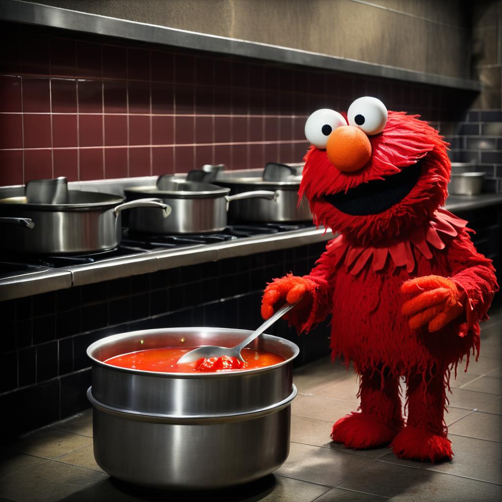 Surreal Elmo Queuing for Soup