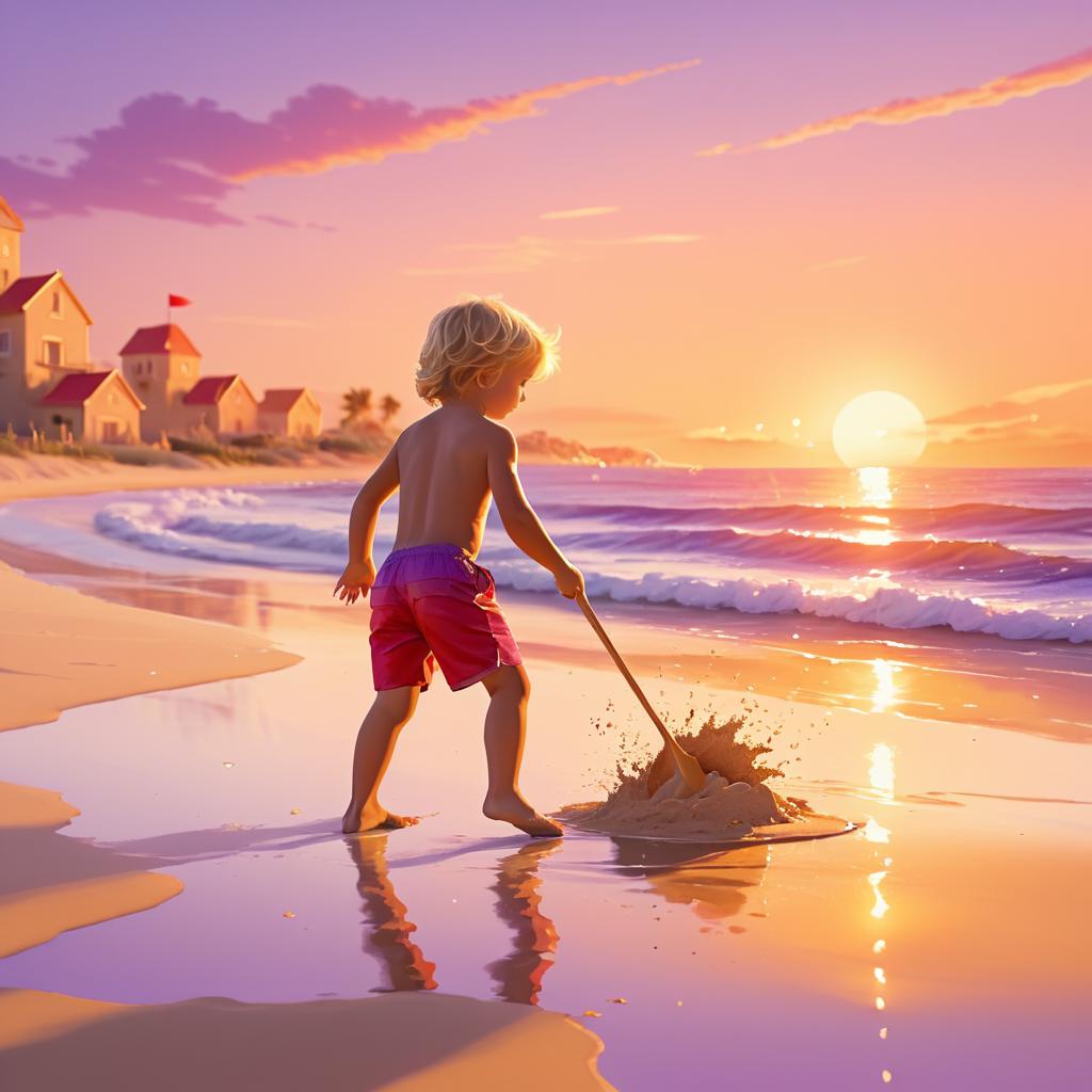 Joyful Beach Sunset: Boy Building Sandcastles