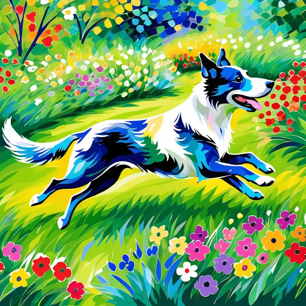 Vibrant Chagall-Style Dog in Garden