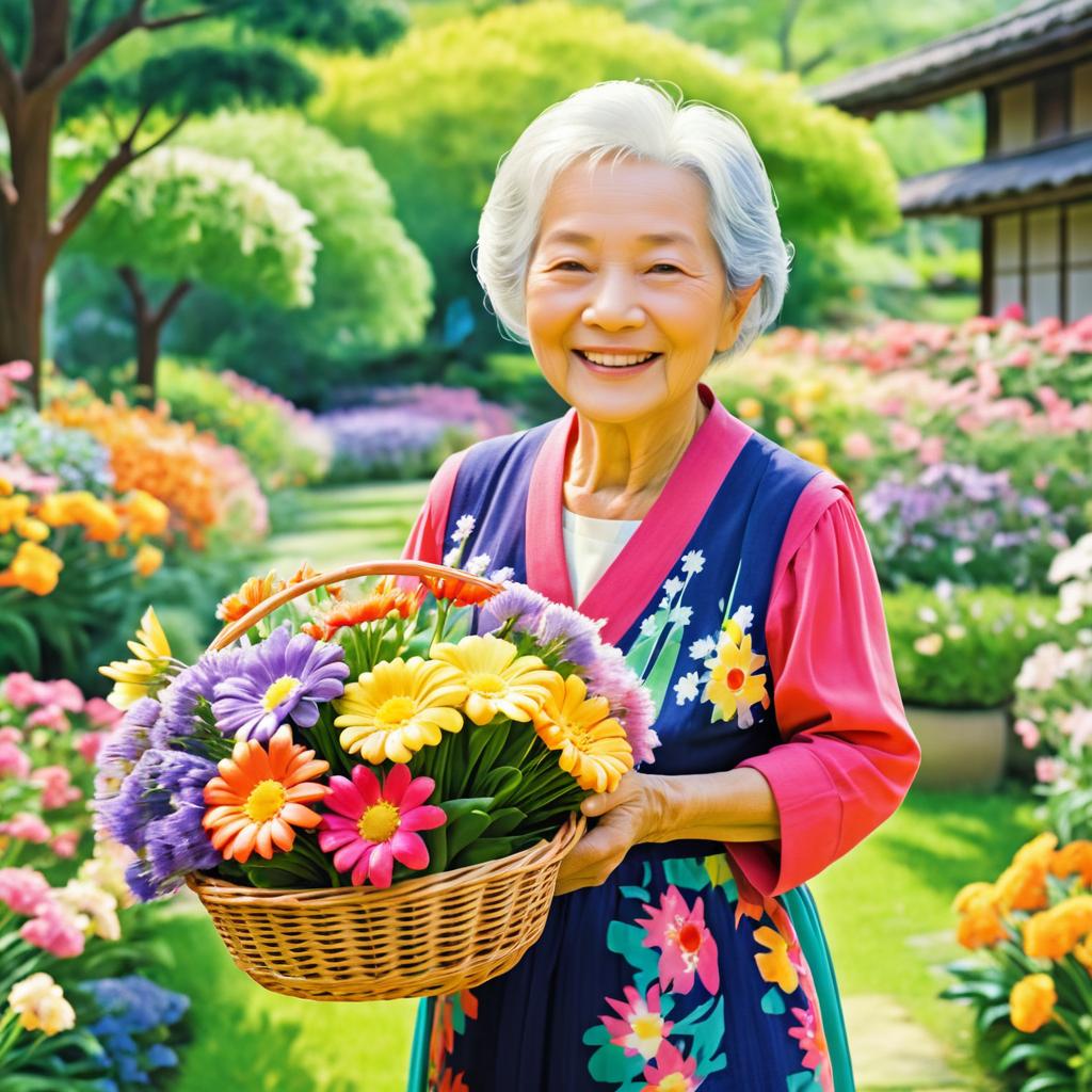 Joyful Elderly Woman in Vibrant Garden