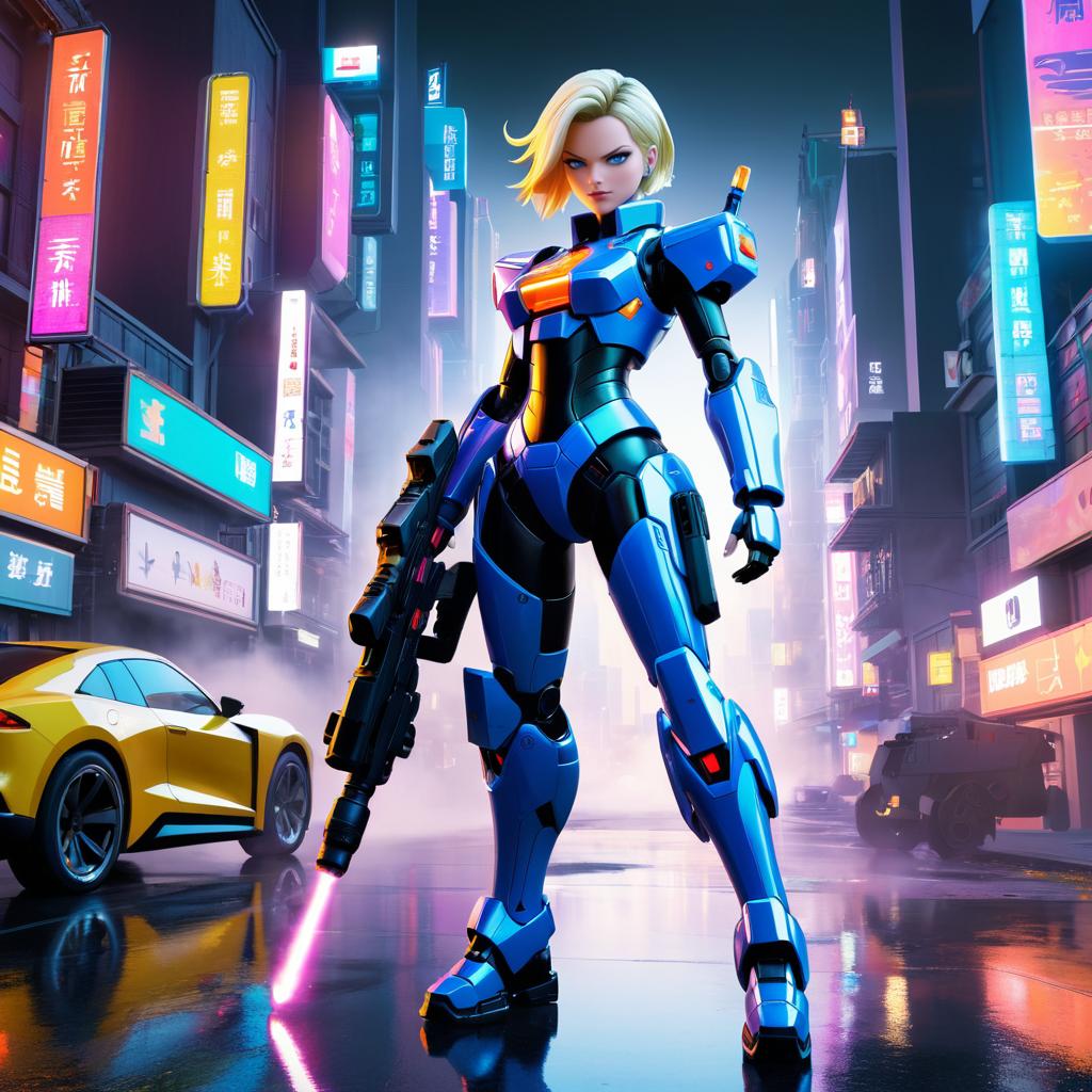 Futuristic Android 18 in High-Tech City