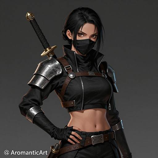Intense Female Ninja in Black Armor