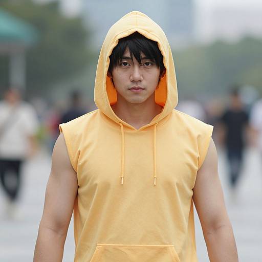 Photograph of an Asian man with straight black hair, wearing a sleeveless, bright yellow hooded sweatshirt, standing in a blurred urban outdoor setting