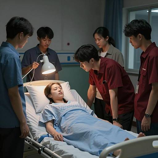 Group Surrounding Patient in Hospital Bed