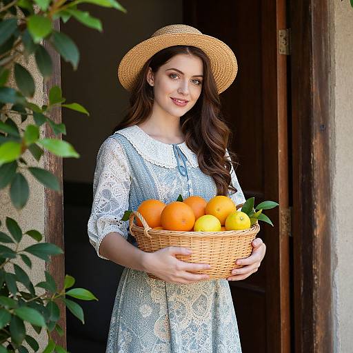 Photograph of a fair-skinned woman with long brown hair, wearing a white lace dress and straw hat, holding a basket of oranges and lemons