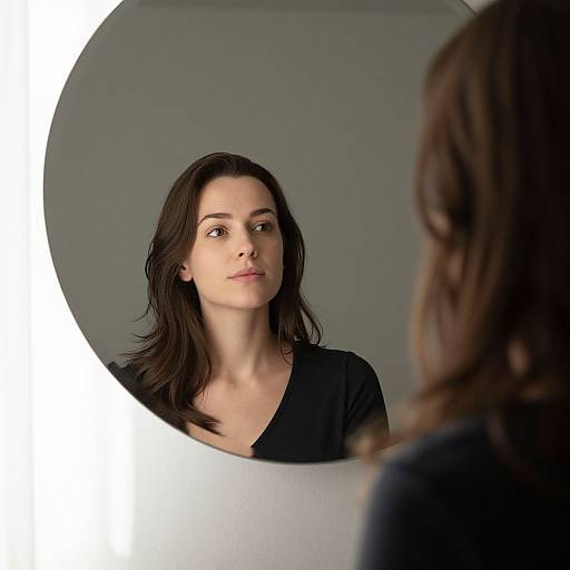Photograph of a woman with dark brown hair, wearing a black top, looking at her reflection in a round mirror against a gray background.