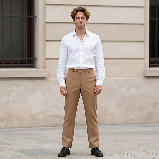 Photograph of a young man with curly brown hair, wearing a white long-sleeve shirt, tan pants, and black shoes, standing in front