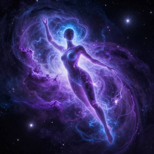 Digital art: Glowing, ethereal female figure in vibrant purple and blue cosmic clouds, floating in a starry, dark space.