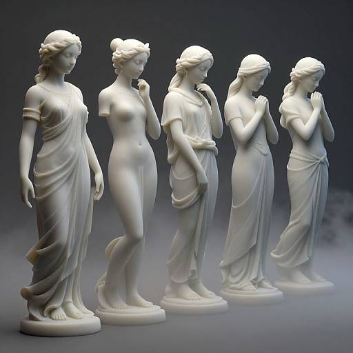 Photograph of five white marble statues of classical-style nude and draped women, standing in a row, each with different poses, against a dark gradient background