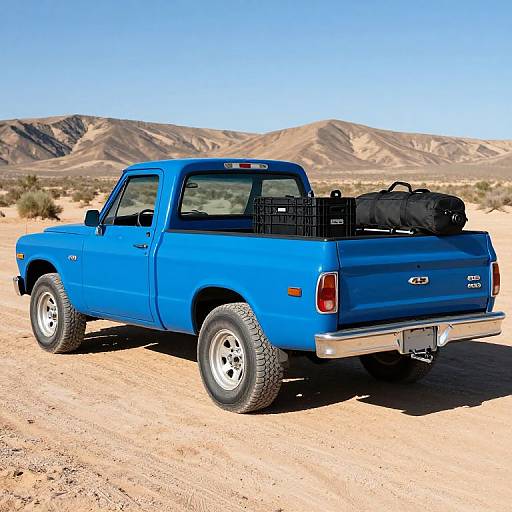 Photograph of a bright blue Chevrolet S-10 truck with off-road tires, black cargo bed cover, and rugged desert landscape in the background. Clear