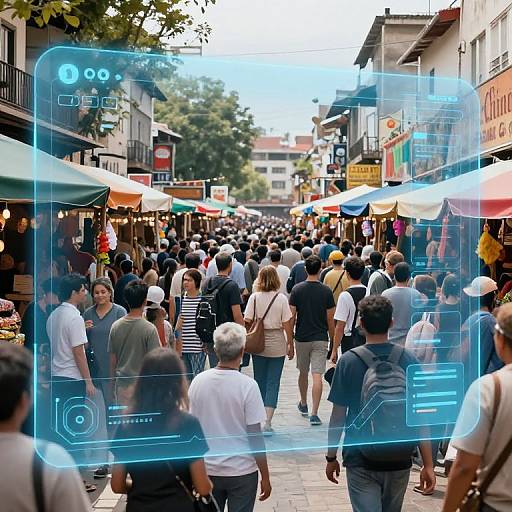 Photograph of a bustling outdoor market street with diverse crowd, colorful awnings, and digital interface overlay. People in casual attire, vibrant market stalls,