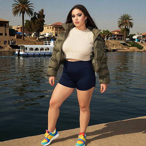 Photograph of a curvy Latina woman with long black hair, wearing a green puffer jacket, white sweater, black shorts, and colorful sneakers,