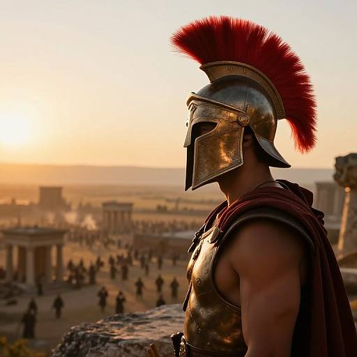 Photograph of a muscular, bronze-armored Roman soldier with a red plume helmet, overlooking a sunlit, ancient cityscape with distant columns and