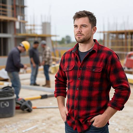 Photograph of a rugged, bearded man in a red plaid shirt, standing confidently at a construction site with blurred workers in the background. Hands