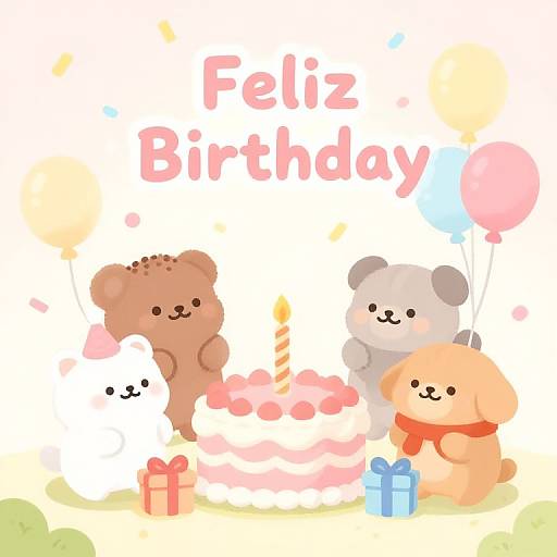 Cute digital illustration of four chibi-style puppies celebrating Feliz Birthday, holding balloons, and gifts around a pink cake.