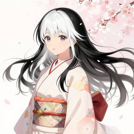 Digital anime-style illustration of a young woman with long black and white hair, wearing a white kimono with a red obi, against a cherry blossom