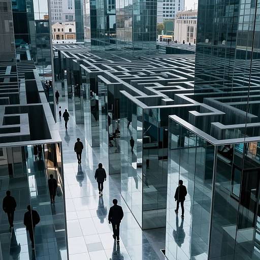 Photograph of a modern, glass-walled urban atrium with silhouetted people walking on reflective black and white tiled floors, surrounded by tall