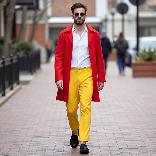 Photograph of a bearded man in a bright red coat, white shirt, yellow pants, and black shoes, walking down a city sidewalk.