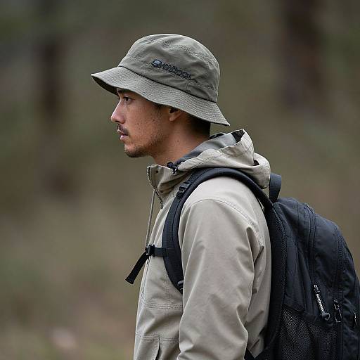 Photograph of a young man in a beige hat, beige jacket, and black backpack, standing in a blurred forest background.